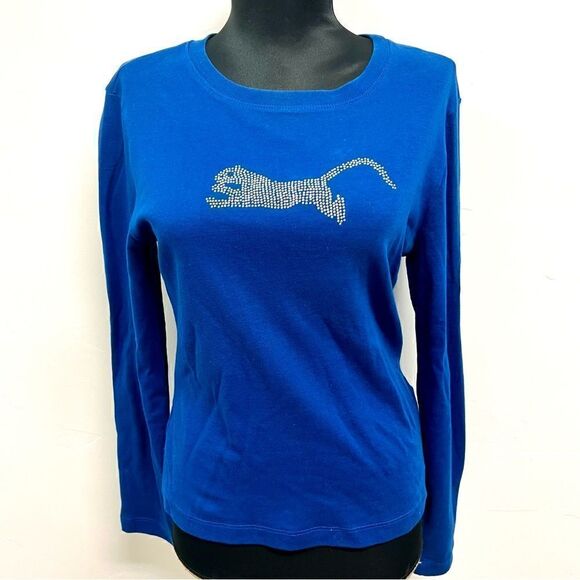 NWOT eyeshadow blue top with bling cat sz L vintage Y2K Long sleeves 100% Cotton - Picture 1 of 13